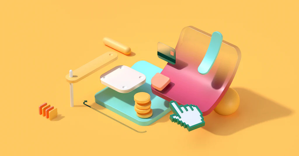 Illustration of 3D icons representing Shopify's ecommerce and POS offerings